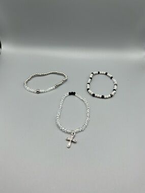 Clear Crystal Cross Charm Bracelet - White Clear Beads - Handmade #B0066T